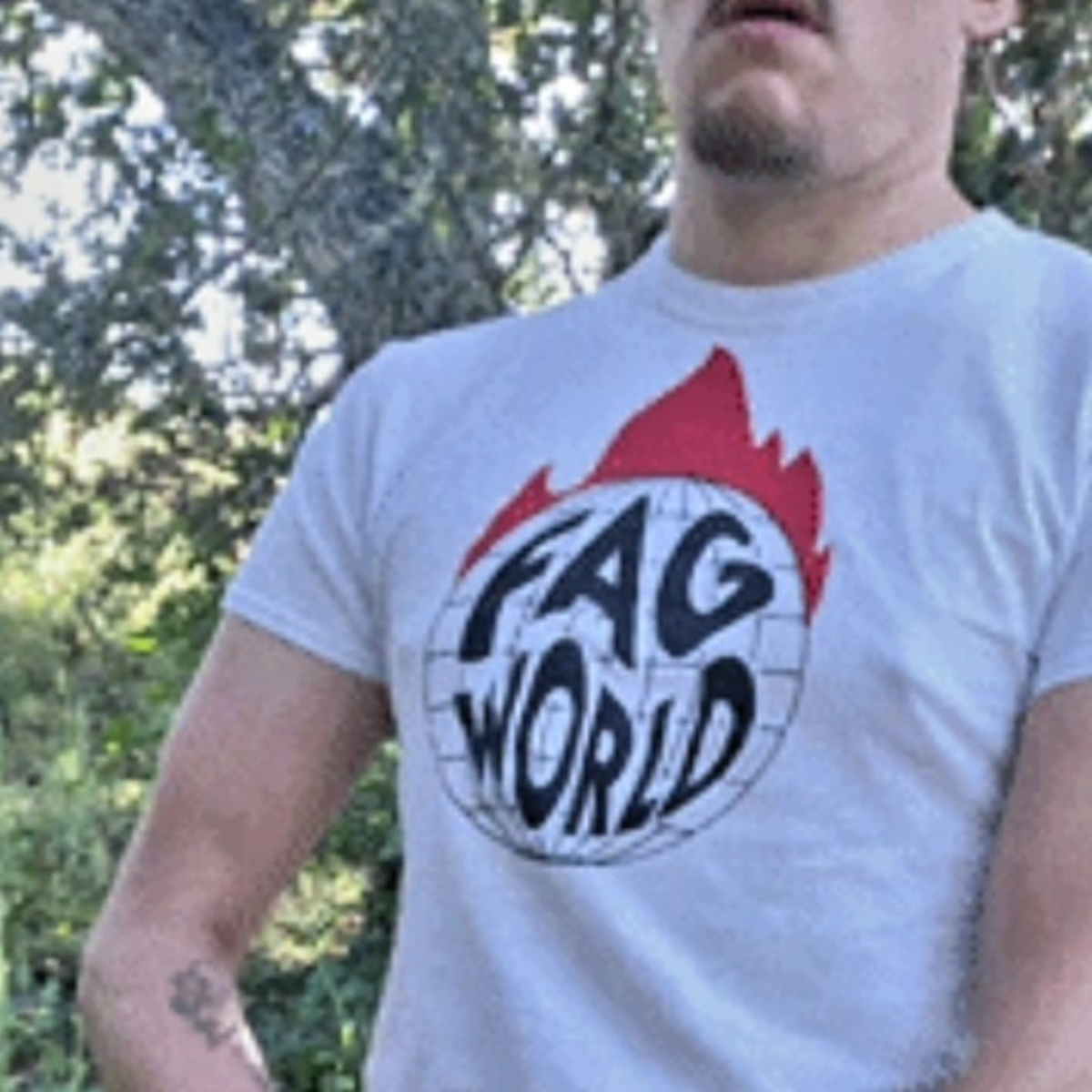 Model wearing Fag World graphic tee